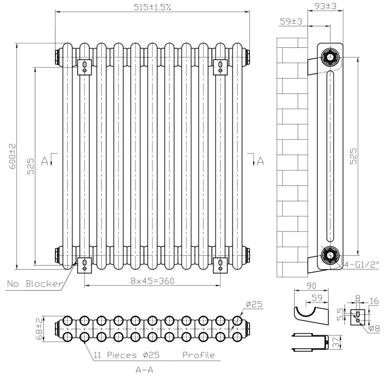 Eastbrook Imperia 2 koloms radiator 50x60cm 704W antraciet