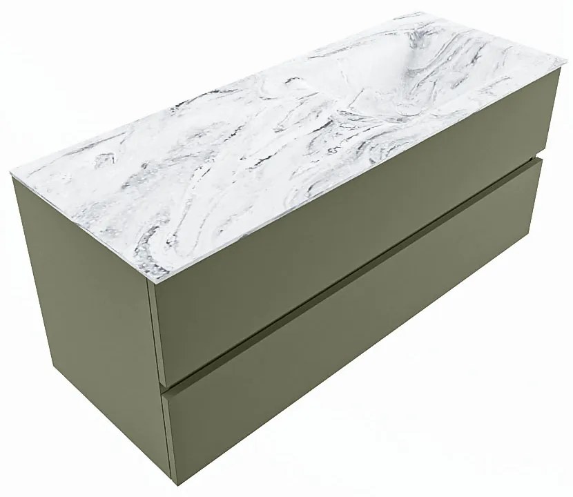 Mondiaz Vica DLux badmeubel 120cm army 2 lades met wastafel glace rechts 1 kraangat