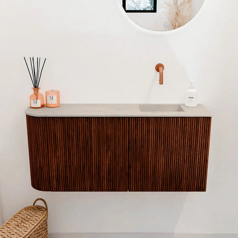 Mondiaz Joya DLux 90cm toiletmeubel ronding links ruby met wastafel faye rechts zonder kraangat opalo