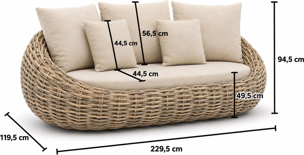Stoel en Bank Loungeset 5 personen Wicker Taupe Apple Bee Cocoon/Monaco