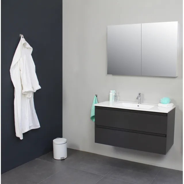 Basic Line Bella Badkamermeubelset - 100x55x46cm - 1 wasbak - Keramiek - Wit - 1 kraangat - Spiegelkast zonder verlichting - Spaanderplaat met Melamine Antraciet mat SWGA100MAP1SPK