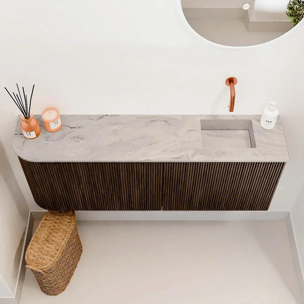 Mondiaz Joya DLux 110cm toiletmeubel ronding links walnut met wastafel faye rechts zonder kraangat glace