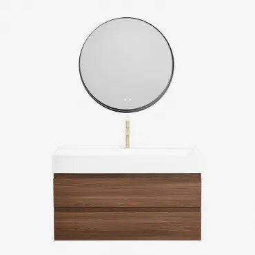 Ona Zwevend Badkamermeubelset Van Hout En Essenfineer Met Geïntegreerde Wastafel Donker Hout & Round Led And Antifog Zwart Ø80 Cm - Sklum