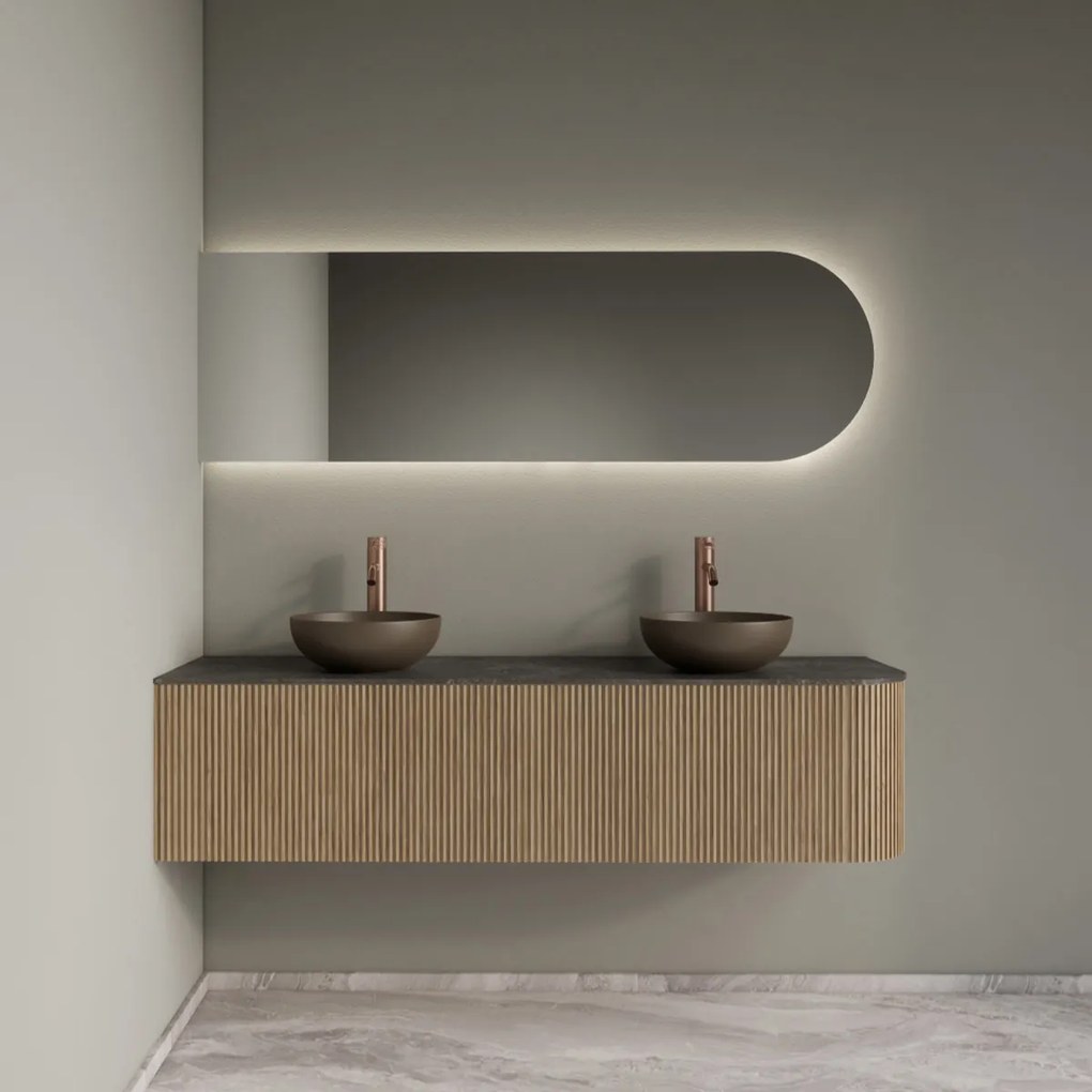 Gliss Design Alluro badmeubel ribbelfront met ronding rechts 160cm mist en zwart leisteen toppaneel