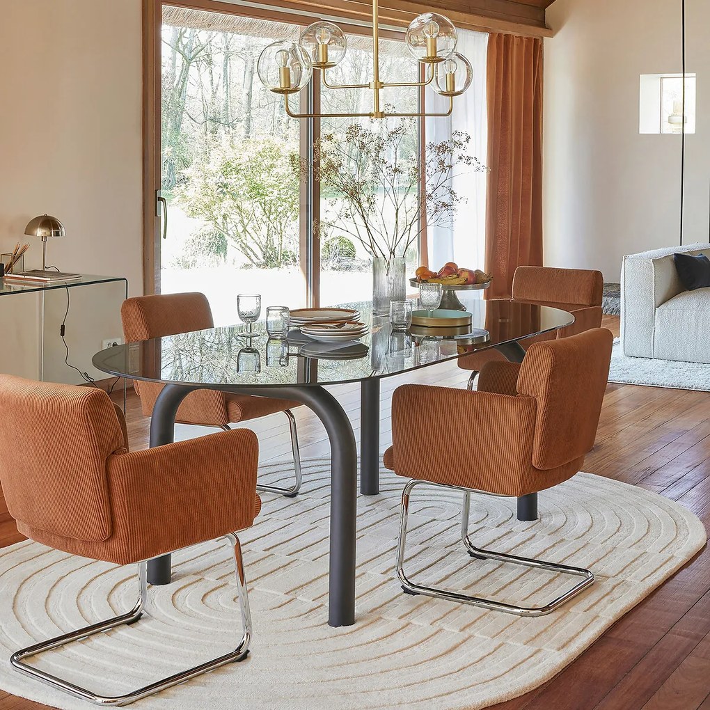 Ovale eettafel, gerookt glas en staal, 6 tot 8 couverts, POLLY