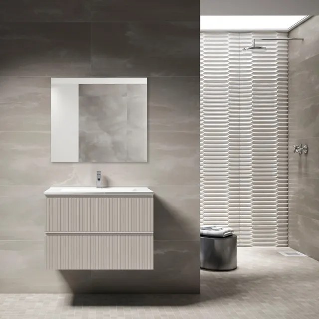 Saniclass Prime Blend Badkamermeubelset - 80x55x46cm - 1 ovale keramische wasbak wit - 1 kraangat - 2 lades - rechthoekige spiegel - mat cotton (beige) SW892643/SW718717/SW724611