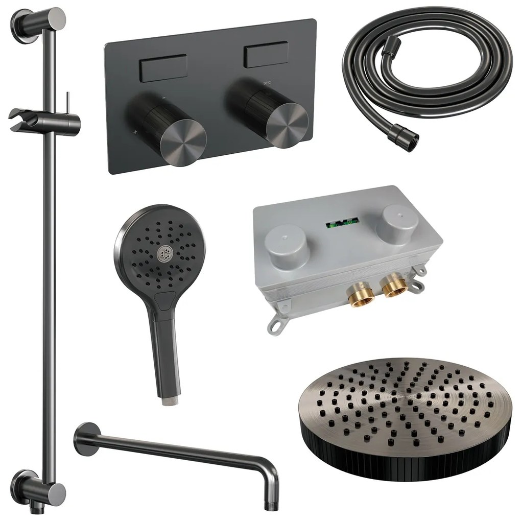 Brauer Stripe inbouw regendouche met 25cm hoofddouche, gebogen muurarm, 3 standen handdouche en glijstang set 35 gunmetal geborsteld PVD