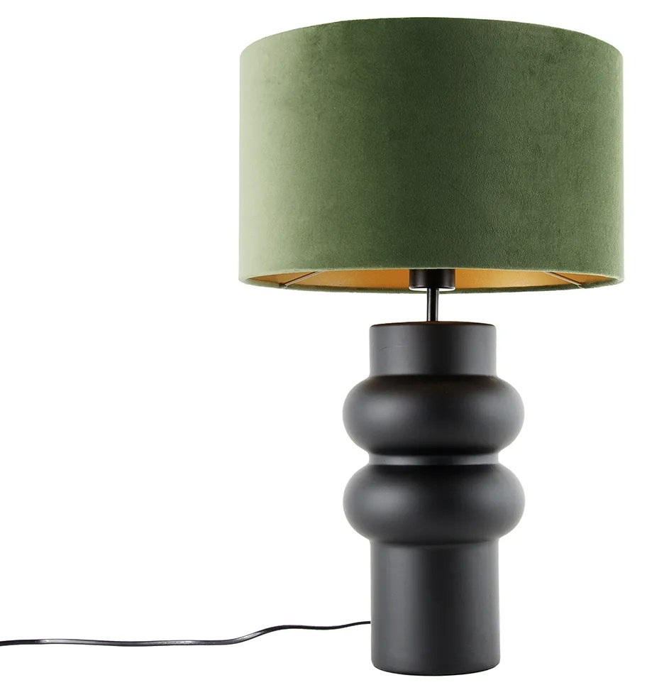 Design tafellamp zwart 17 cm velours kap groen met goud 35 cm - Alisia Design E27 rond Binnenverlichting Lamp