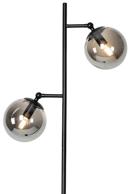 Art Deco vloerlamp zwart met smoke glas 2-lichts - Pallon Art Deco E14 Binnenverlichting Lamp