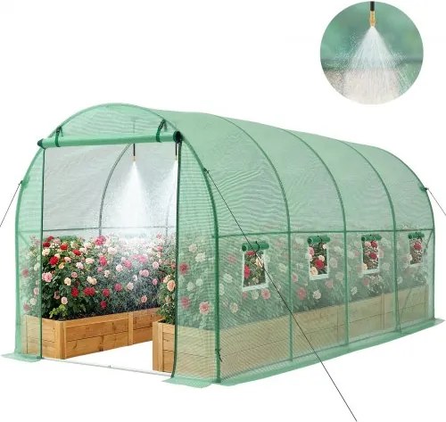 VEVOR Kas 4,48x1,97x1,97 m, Foliekas, Polytunnel met irrigatiesysteem, Stalen frame, PE-hoes, Roldeur met ritssluiting &amp; 8 ramen, Buitenkas