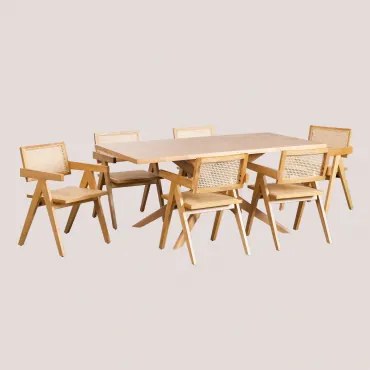 Set Van Rechthoekige Eettafel 180x90 Cm Arnaiz En 6 Stoelen Met Armleuningen Van Essenhout En Rotan Lali Natuurlijk Hout - Sklum