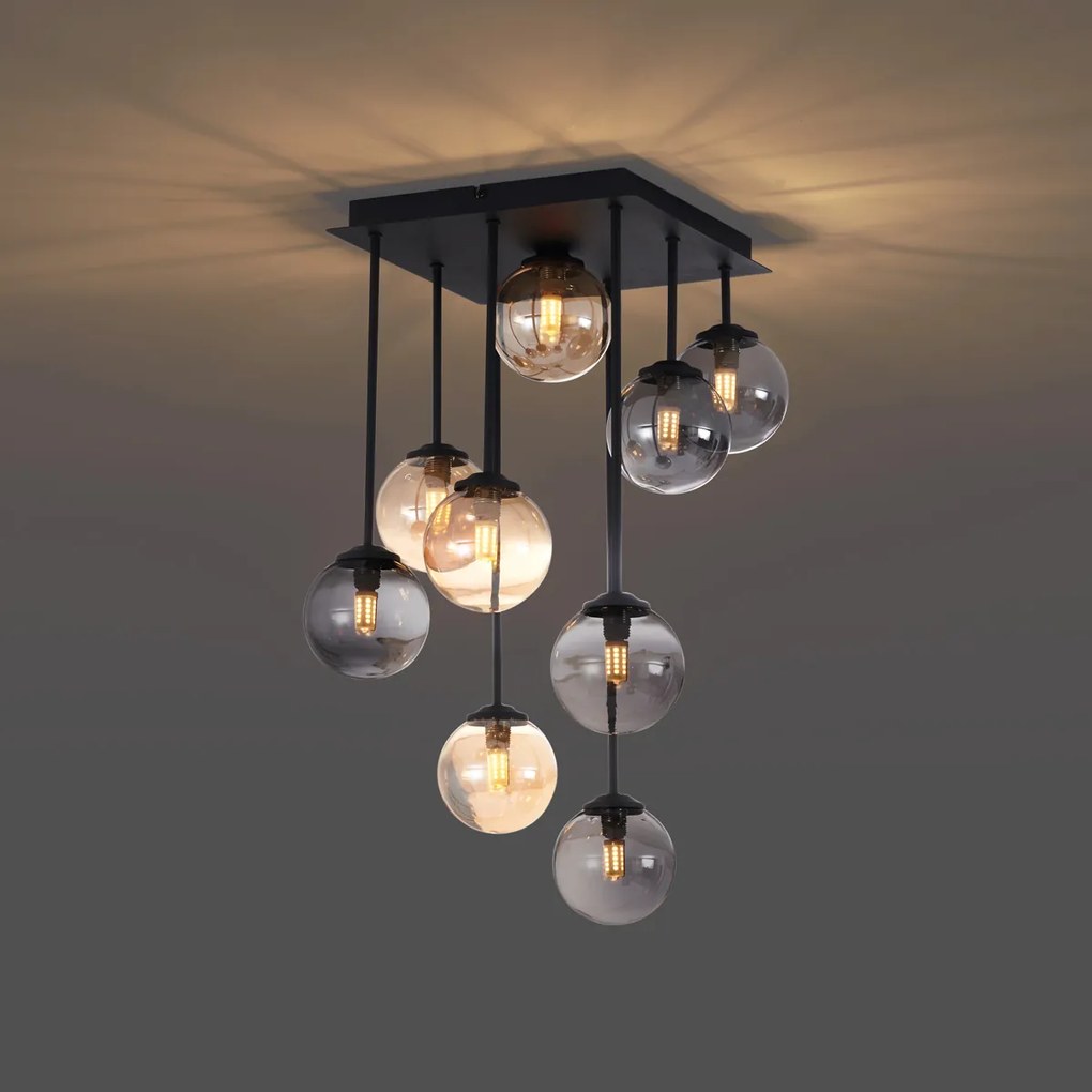 Moderne plafondlamp zwart met amber en smoke glas 9-lichts - Athens