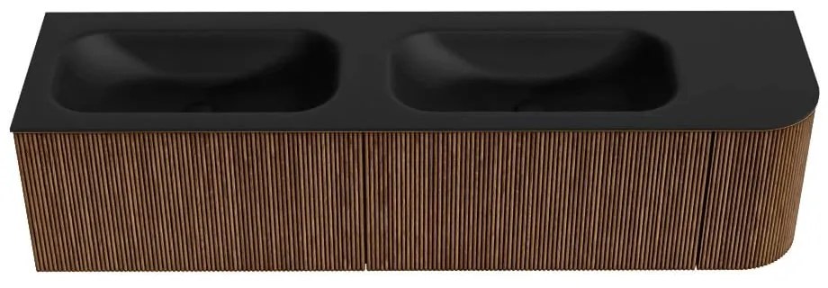 Mondiaz Kurve 175cm badmeubel ronding rechts walnut met 2 lades en 1 deur en wastafel big small dubbel/links 2 kraangaten urban