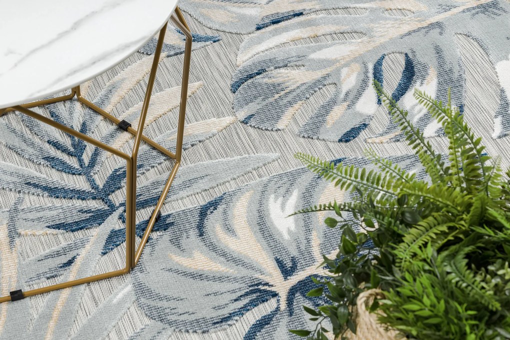 Tapijt Structural BOTANIC 65265 Monstera vertrekt plat geweven op het balkon, terras - grijs