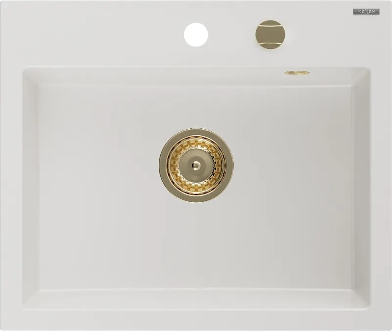 Mexen Oscar granieten gootsteen 1-komers 580 x 490 mm, wit, gouden sifon - 6519581000-20-G