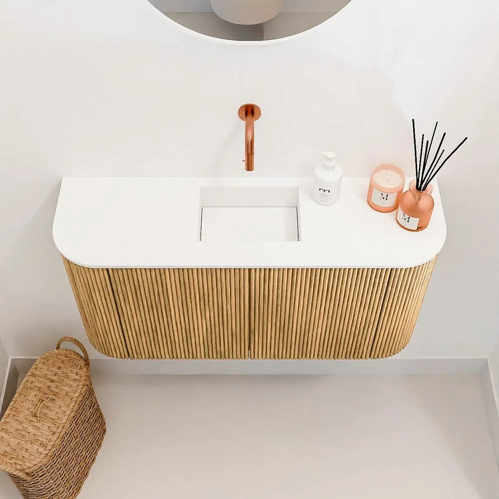 Mondiaz Joya 85cm toiletmeubel ronding links/rechts oak met wastafel faye midden zonder kraangat talc