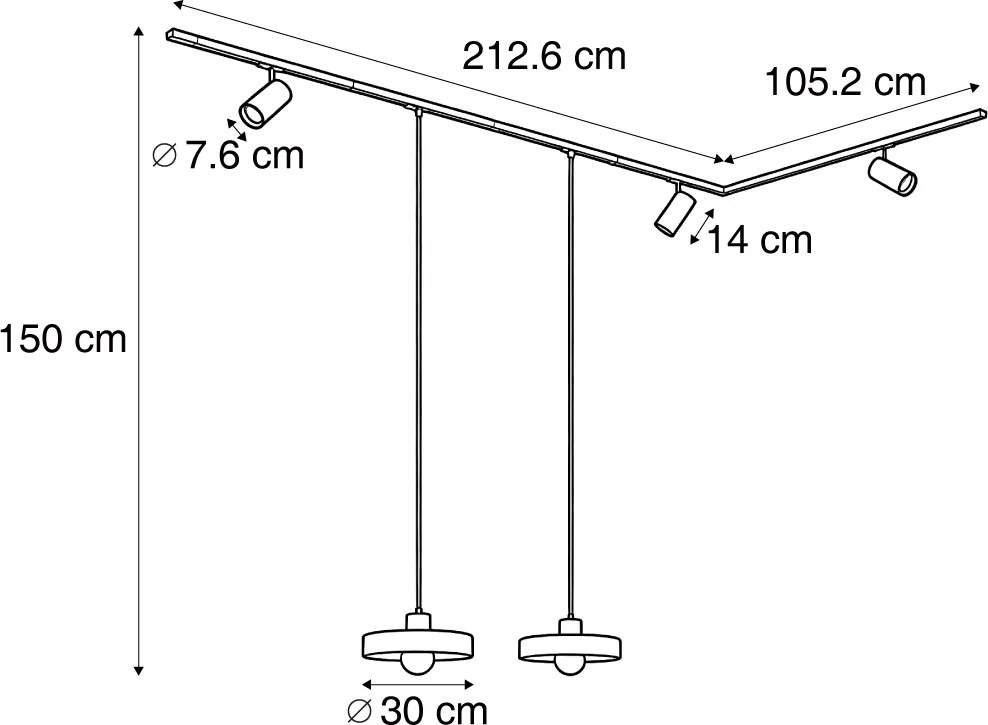 Modern railsysteem zwart met 2 hanglampen wit en 3 spots 1-fase - Iconic Jeana Luxe Jina