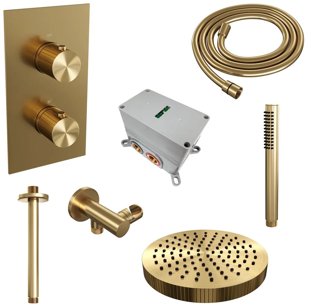 Brauer Stripe inbouw regendouche met 25cm hoofddouche, plafondarm en staafhanddouche set 15 messing geborsteld PVD