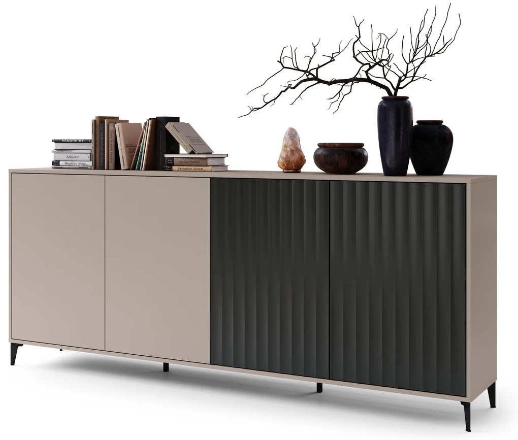 Commode RIMINI K-242, Taupe Beige/Mat Zwart - MODERNE KAST MET LADEN EN GERIBBELDE FRONTEN