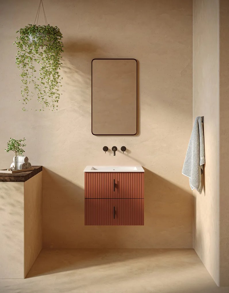 Muebles Marbella badmeubel ribbelfront 60cm terracotta met witte wastafel zonder kraangat