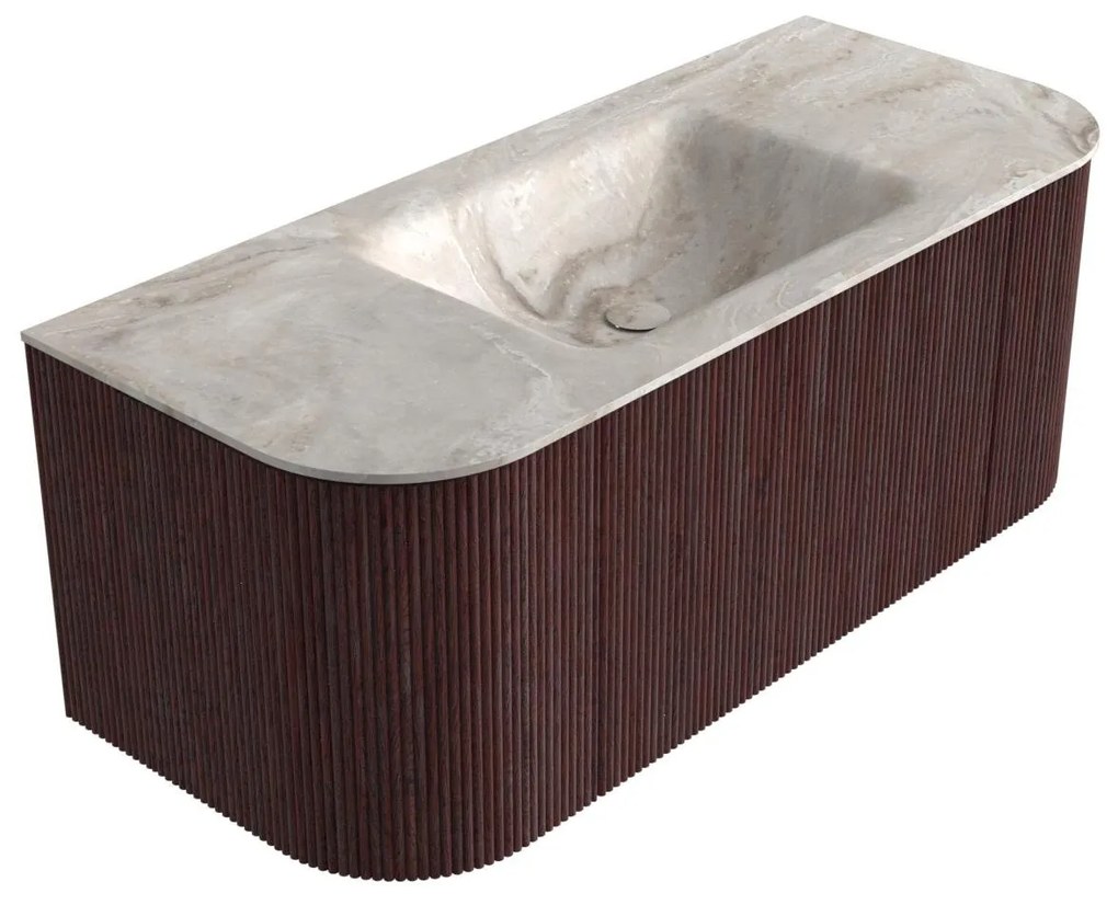 Mondiaz Kurve-dlux 110cm badmeubel ronding links/rechts ruby met 1 lade en 2 deuren en wastafel cloud midden zonder kraangat frappe