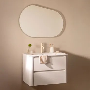 Egerton Houten Badkamermeubelset Met Geïntegreerde Wastafel Wit & Ovaal Led En Anticondens 100x80 Cm Meunier & Tapioca Beige ↑20 - Sklum