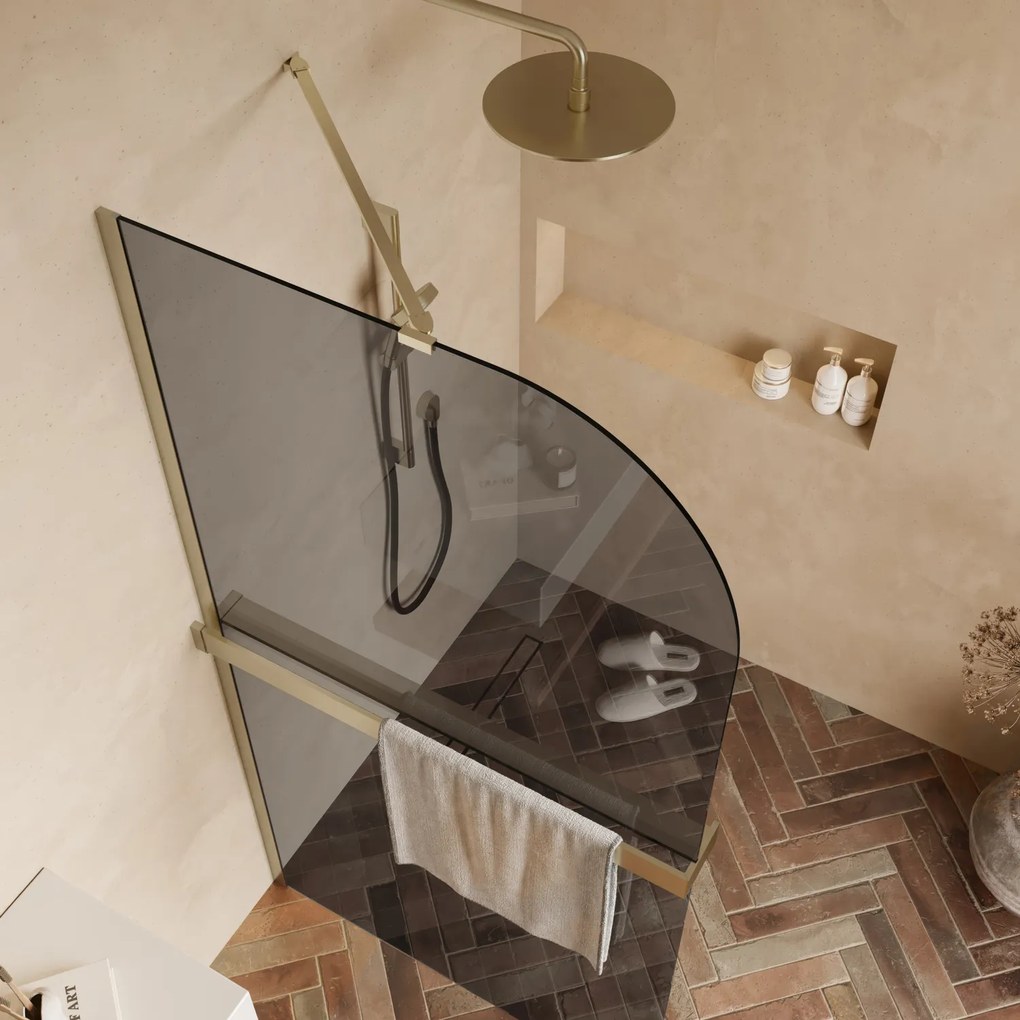 Saniclear Dawn afgeronde inloopdouche 80cm geborsteld messing met rookglas en handdoekhouder