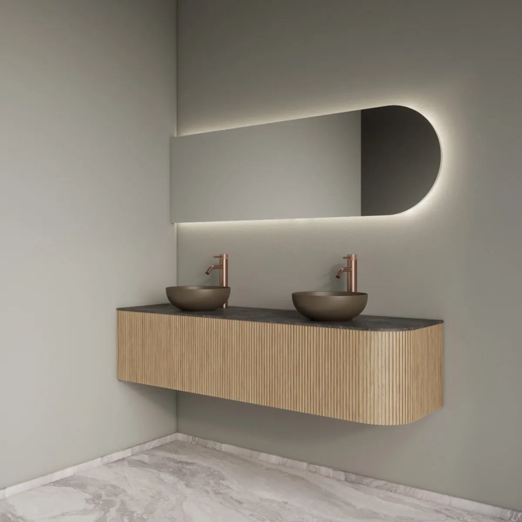 Gliss Design Alluro badmeubel ribbelfront met ronding rechts 160cm mist en zwart leisteen toppaneel