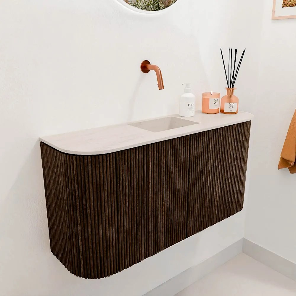 Mondiaz Joya DLux 85cm toiletmeubel ronding links/rechts walnut met wastafel faye midden zonder kraangat meli