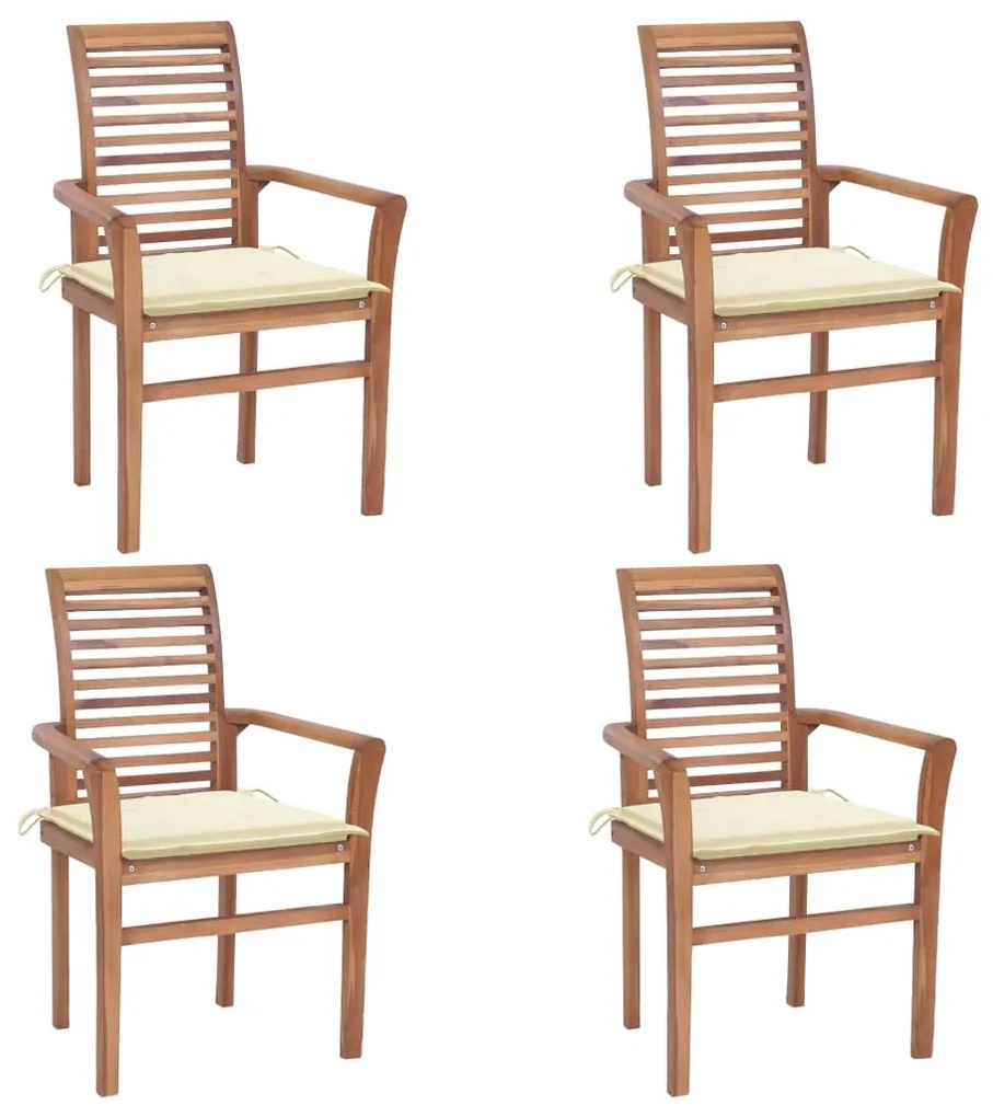 vidaXL Eetkamerstoelen 4 st met crèmekleurige kussens massief teakhout