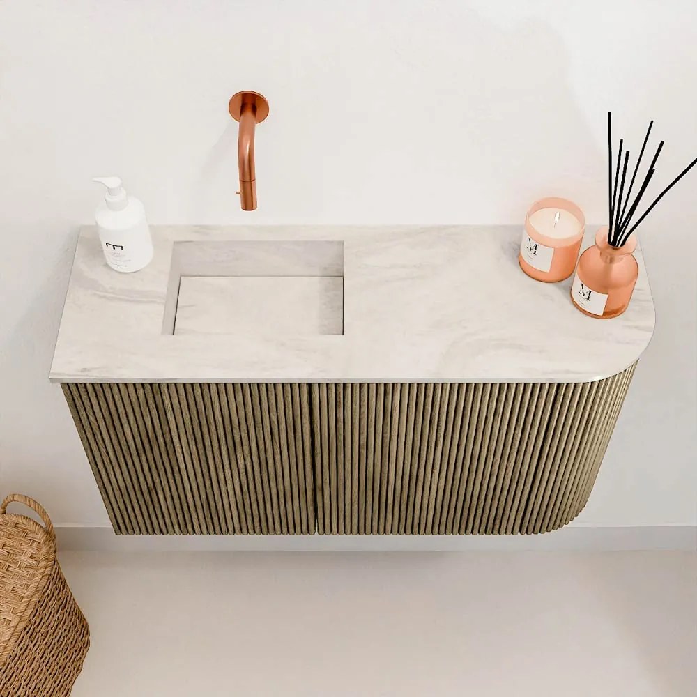 Mondiaz Joya DLux 70cm toiletmeubel ronding rechts dusk met wastafel faye links zonder kraangat ostra