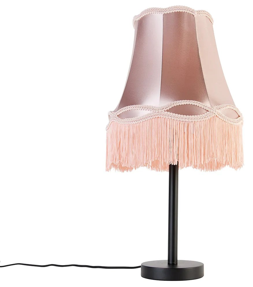 Stoffen Klassieke tafellamp zwart met granny kap roze 30 cm - Simplo Klassiek / Antiek E27 rond Binnenverlichting Lamp