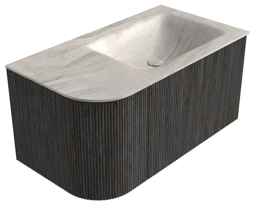 Mondiaz Kurve-dlux 85cm badmeubel ronding links shadow met 1 lade en deur en wastafel cloud rechts zonder kraangat ostra
