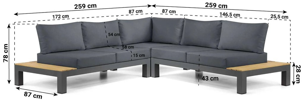 Loungeset 5 personen Aluminium/Teak Grijs Lifestyle Garden Furniture Vittoria