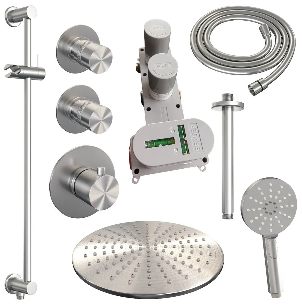 Brauer Brushed Edition complete inbouw regendouche met 3 standen handdouche, plafondarm, glijstang en hoofddouche 30cm set 24 RVS geborsteld PVD
