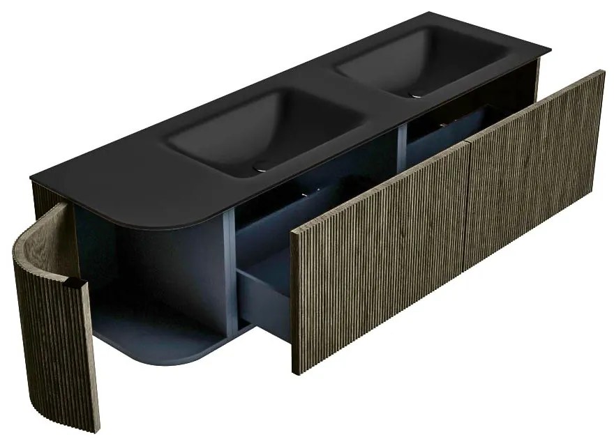 Mondiaz Kurve 155cm badmeubel ronding links shadow met 2 lades en 1 deur en wastafel cloud dubbel/rechts zonder kraangat urban