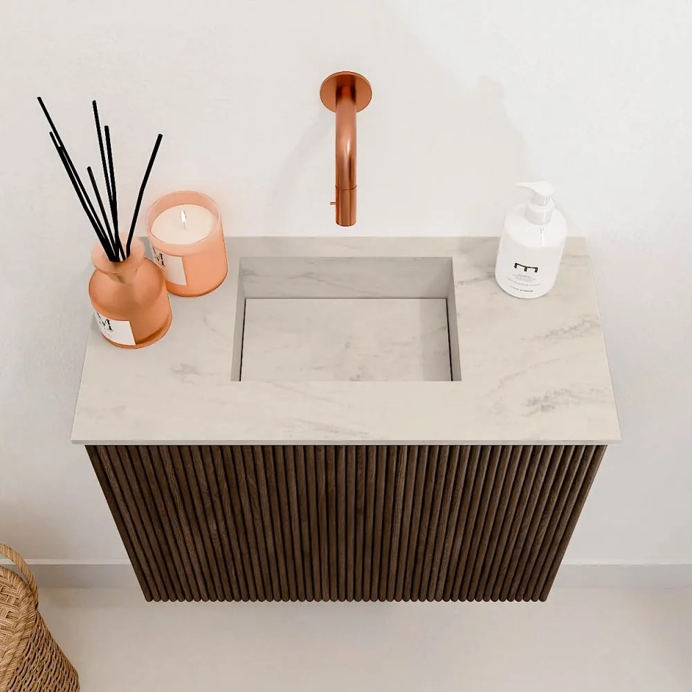 Mondiaz Joya DLux 50cm toiletmeubel walnut met wastafel faye midden zonder kraangat opalo