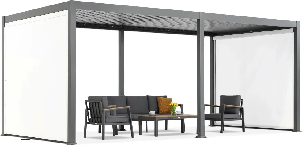 Lagos 3x6 vrijstaande terraspergola met 3m Garden Point antraciet-witte zijrolluiken