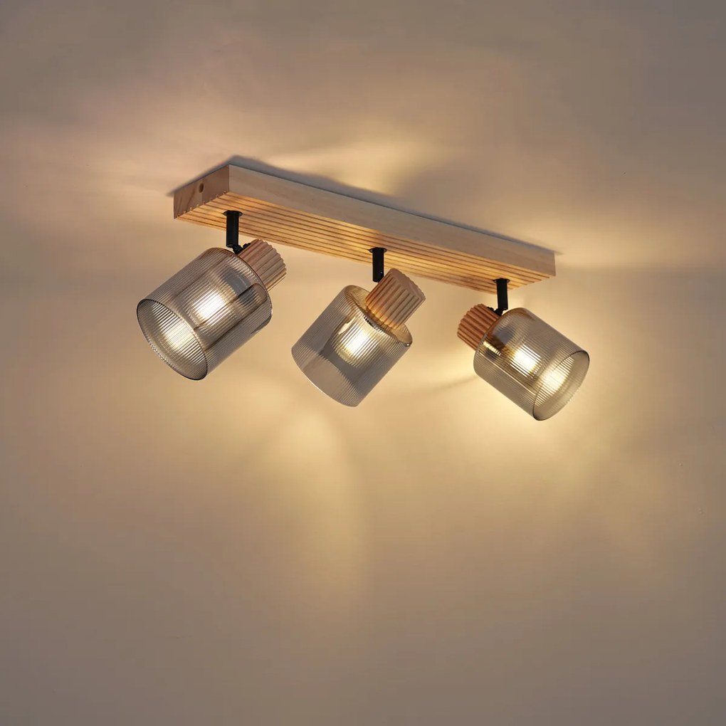 Moderne spot hout met smoke glas 3-lichts draai- en kantelbaar - Gracy