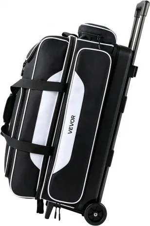 VEVOR bowlingtas met wielen voor 3 ballen, 600D Oxford, zwart + wit, voor schoenen tot maat 16 (VS) en accessoires, met telescopische handgreep (tot 1016 mm), dubbellaagse trays en versterkte naden.