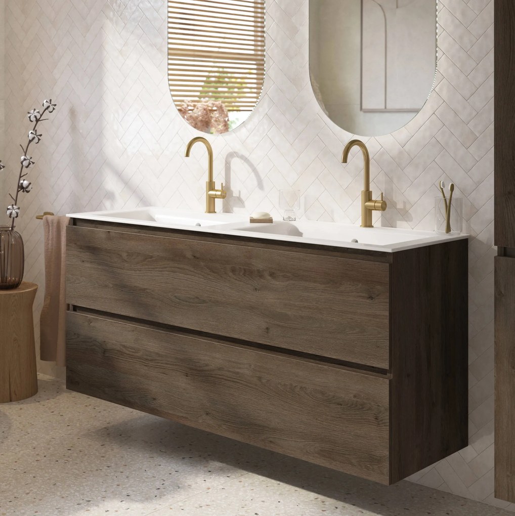 Saqu Terra badmeubel incl. dubbele glans witte keramische wastafel 141x51x66cm sepia eiken