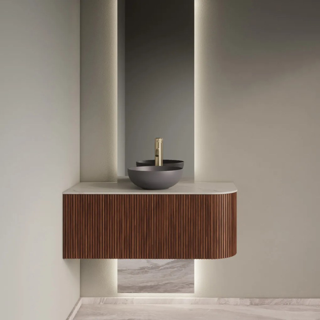 Gliss Design Alluro badmeubel ribbelfront met ronding rechts 100cm walnut en wit marmer toppaneel
