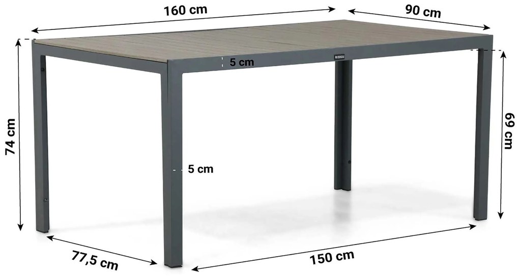 Tuinset 4 personen 160 cm Aluminium/textileen Grijs Domani Furniture Verde/Solare