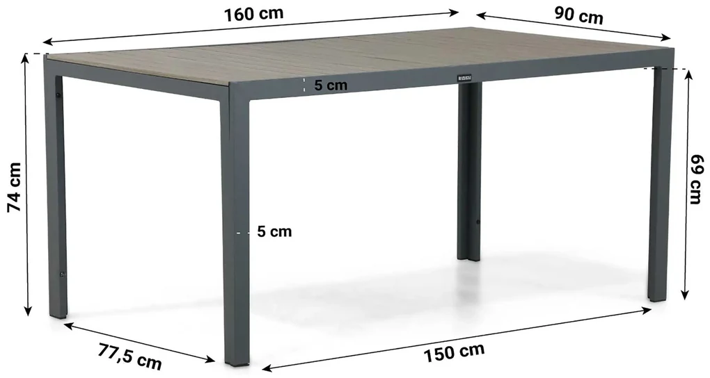 Tuinset 4 personen 160 cm Aluminium/textileen Grijs Hartman Alice/Solare