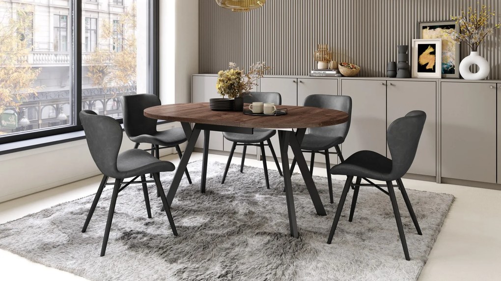 ALMO Eiken Bruin/Zwarte poten - RONDE LOFT/INDUSTRIËLE TAFEL VOOR WOONKAMER/EETKAMER, UITSCHUIFBAAR