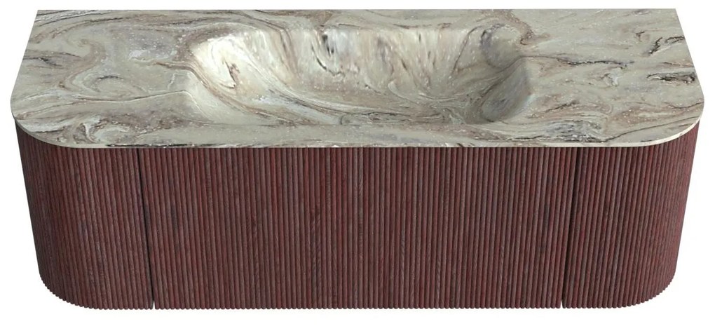 Mondiaz Kurve-dlux 130cm badmeubel ronding links/rechts ruby met 1 lade en 2 deuren en wastafel big small midden zonder kraangat glace