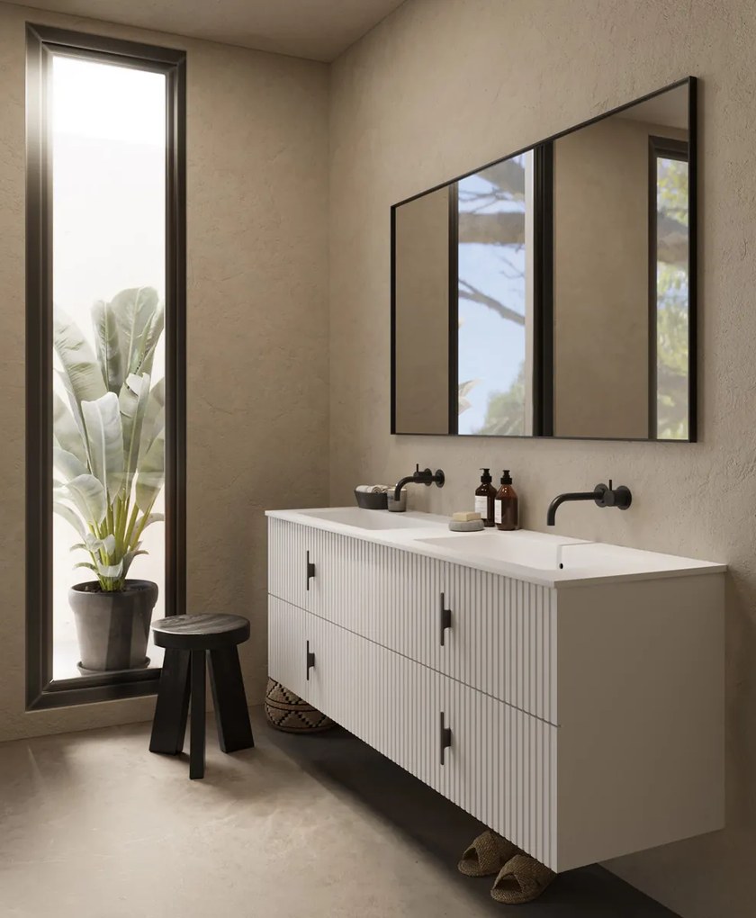 Muebles Avila badmeubel ribbelfront 160cm wit mat met dubbele wastafel zonder kraangaten