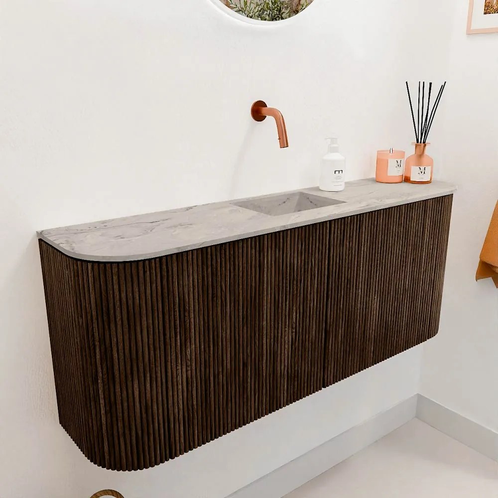 Mondiaz Joya DLux 105cm toiletmeubel ronding links/rechts walnut met wastafel faye midden zonder kraangat glace