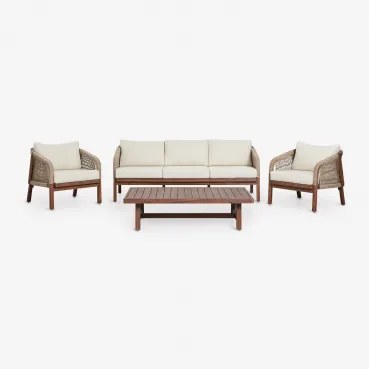 Woonkamerset Met 3-zitsbank, 2 Fauteuils En Salontafel Van Acaciahout Dubai Donker Acaciabruin & Stof Gardenia Wit - Sklum