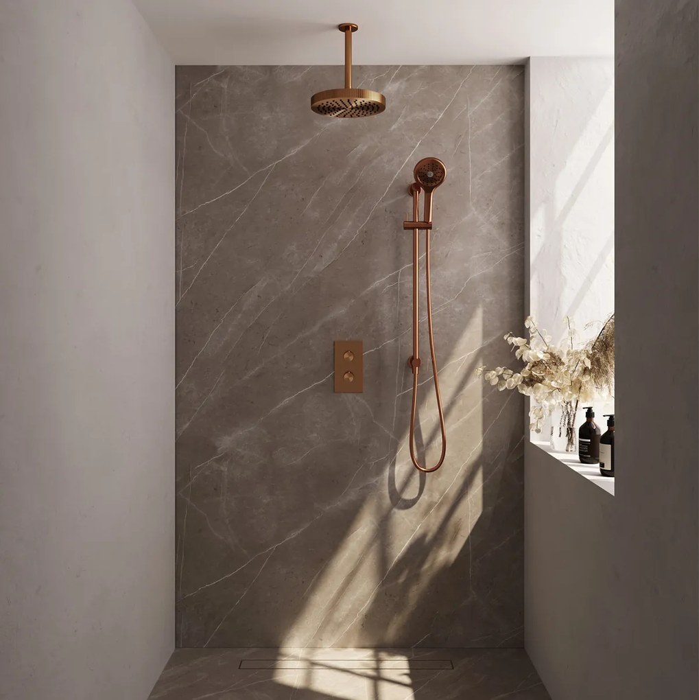 Brauer Stripe inbouw regendouche met 25cm hoofddouche, met plafondarm, glijstang en 3 standen handdouche set 24 koper geborsteld PVD